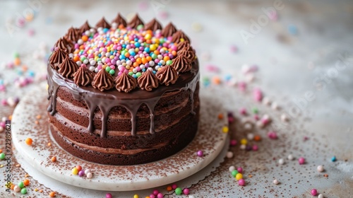 A delightful chocolate cake topped with vibrant rainbow sprinkles, set against a serene white backdrop