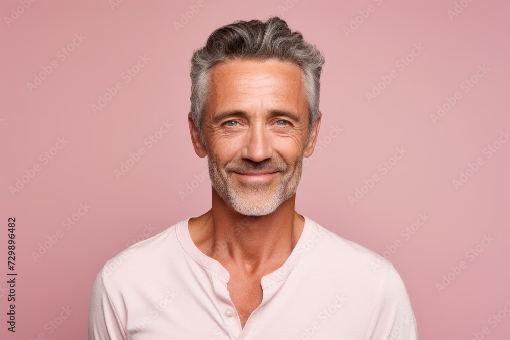 Handsome mature man smiling and looking at camera while standing against pink background Handsome mature man smiling and looking at camera while standing against pink background