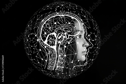 Artificial intelligence woman with glowing brain on black background.