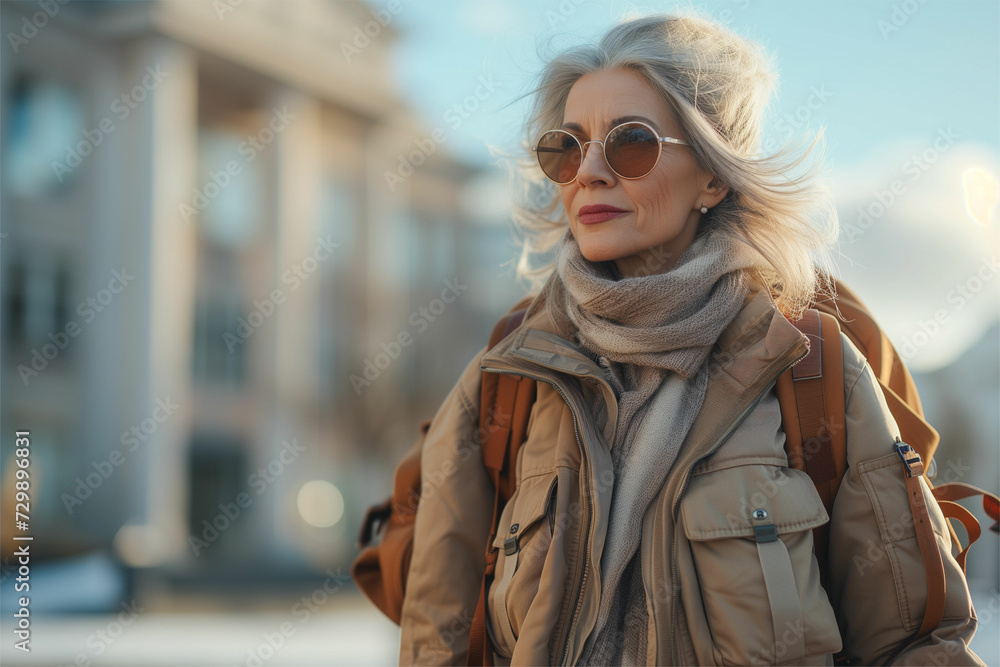 Fototapeta premium Graceful portrait of a confident mature woman walking with elegance.