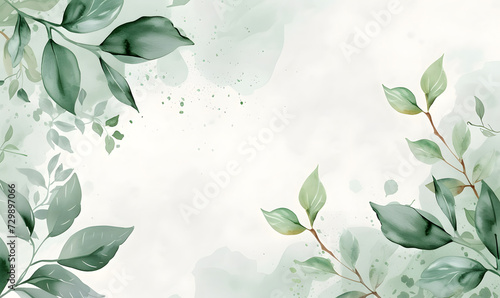 Green leaves snd flower watercolor background invitation template