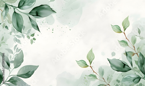 Fototapeta Naklejka Na Ścianę i Meble -  Green leaves snd flower watercolor background invitation template