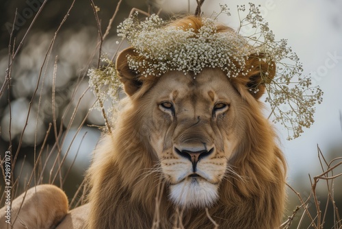 lion with a crown of babys breath in soft focus
