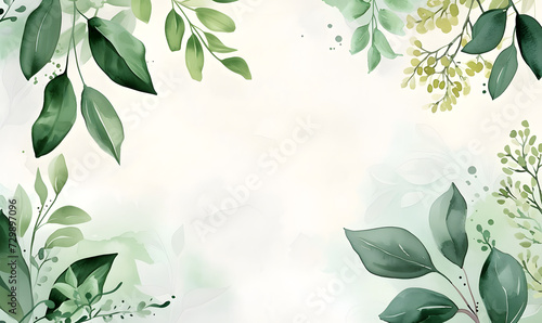 Green leaves snd flower watercolor background invitation template, Generative AI