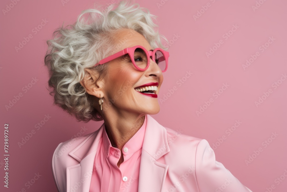 Cheerful senior woman in pink eyeglasses on pink background