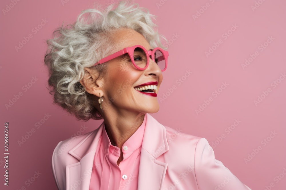 Cheerful senior woman in pink eyeglasses on pink background Cheerful senior woman in pink eyeglasses on pink background