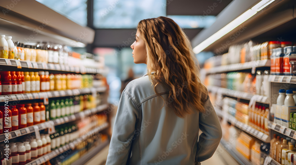 Happy woman looking at product at grocery store