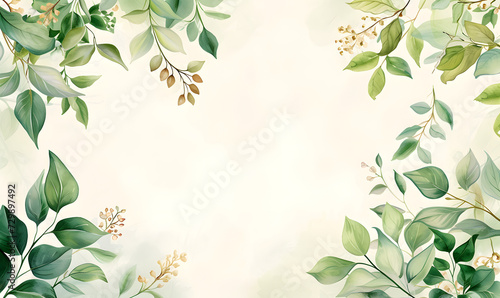 Green leaves snd flower watercolor background invitation template #729897492