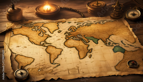 Landkarte mit Inseln und Kontinenten auf altem vergilbten Pergament Papier beschädigt mit Kompass in warmen Licht der goldenen Stunde auf einem Holztisch ausgerollt, Windrose Reisen Navigation maritim