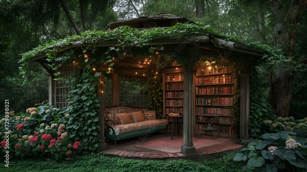 Cozy outdoor reading nook nestled on a lush backyard lawn, AI-generated. Cozy outdoor reading nook nestled on a lush backyard lawn, AI-generated.