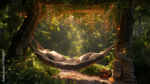 Hammock nestled under a shady arbor, AI-generated.