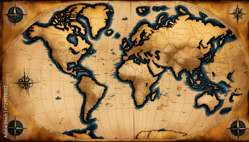 Landkarte mit Inseln und Kontinenten auf altem vergilbten Pergament Papier beschädigt mit Kompass in warmen Licht der goldenen Stunde auf einem Holztisch ausgerollt, Windrose Reisen Navigation maritim photo
