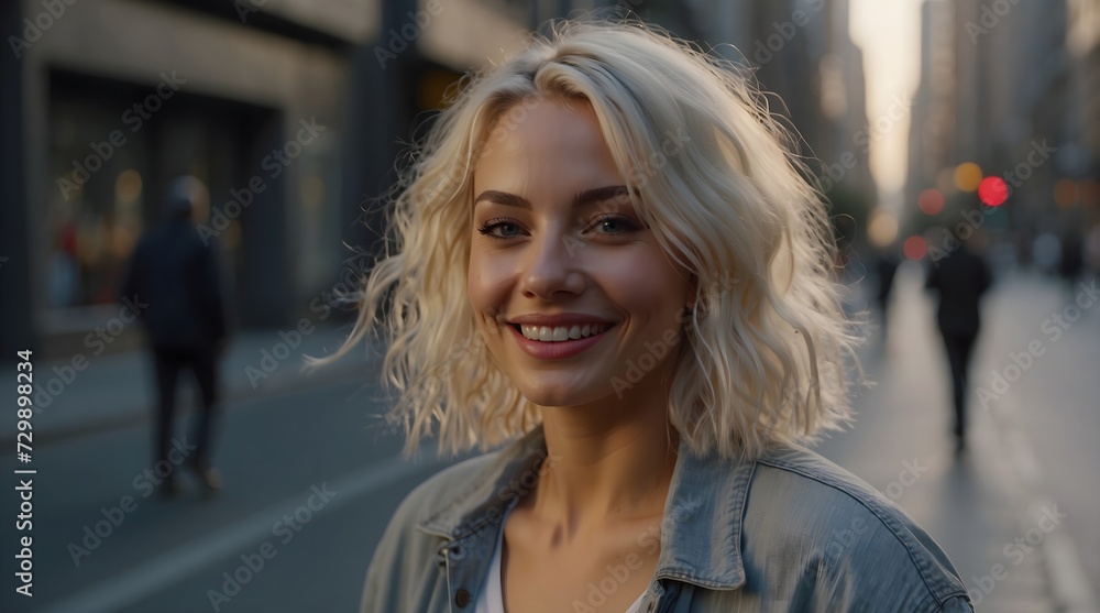 portrait of a modern woman with platinum blonde hair on the street of a big city