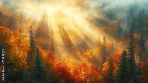 Sunbeams breaking through the mist in a dense autumn forest, highlighting the vibrant fall colors of the foliage. 
