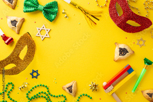 Purim holiday spirit captured. Overhead image showing filled triangle cookies, Star of David motifs, party masks, bow tie, decorative beads, and loud gragger on sunny yellow canvas, with area for text