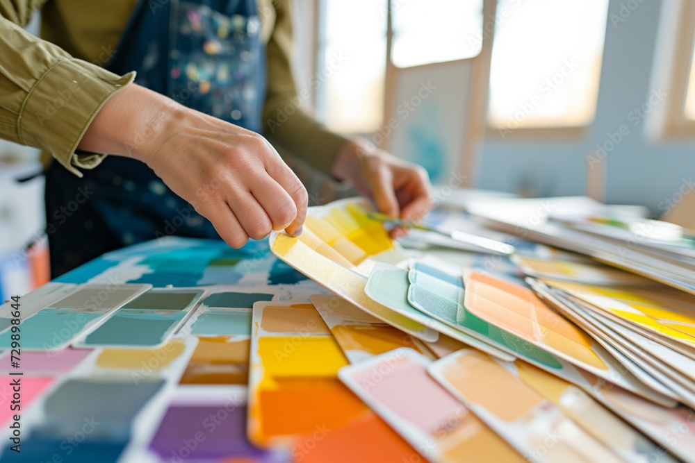 bright studio with painter examining color swatches