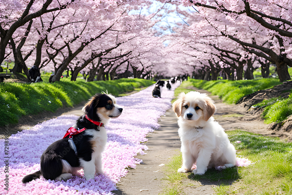 Cherry blossom trees and puppies in Japan, Generative AI