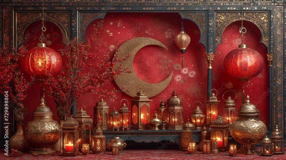 Ramadan Decor A Golden Crescent Moon and Flowers on a Red Wall Generative AI