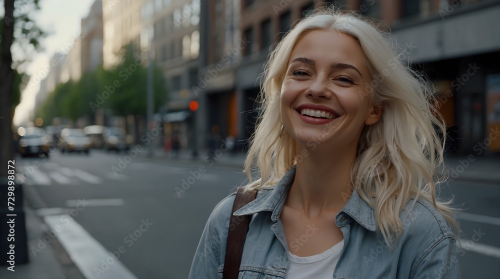 portrait of a modern woman with platinum blonde hair on the street of a big city portrait of a modern woman with platinum blonde hair on the street of a big city