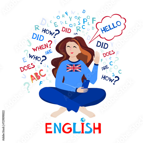 English. Illustration for book, dictionary, vocabulary, speaking, reading, writing, listening skills. Learn English concept. Young woman girl student learning english. Education vector 