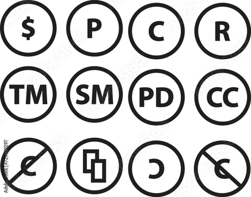 Licence and copyright sign set with trademark, public domain and other icons