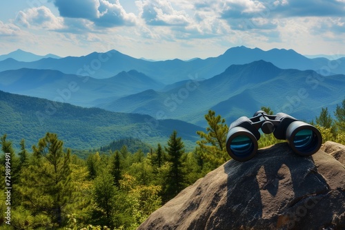 binoculars atop boulder with panoramic view of mountain range photo