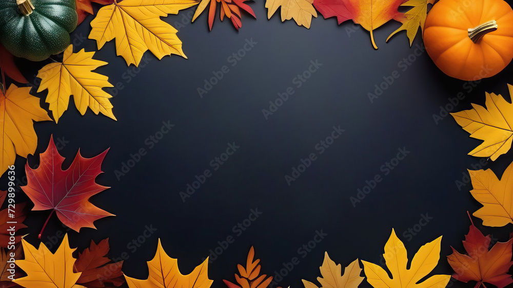 Autumn School Nostalgia: Pumpkin and Fall Foliage Against Black Backdrop Autumn School Nostalgia: Pumpkin and Fall Foliage Against Black Backdrop