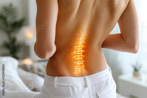 Lumbar intervertebral spine hernia, woman with back pain at home, spinal disc disease, painful area highlighted in red
