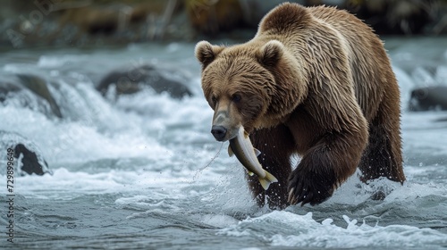 A magnificent grizzly bear catching salmon in a rushing Alaskan river, its powerful presence undeniable.