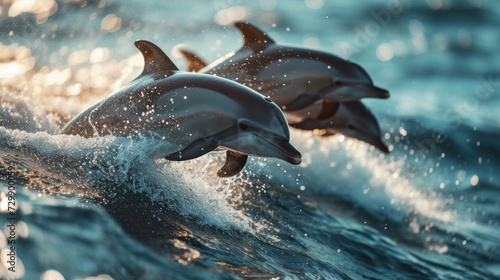 A playful family of dolphins leaping joyfully through the glistening waves of the ocean. © olegganko