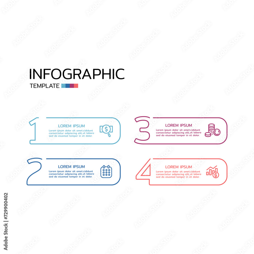 Thin line business infographic with text and icons. Four elements connected with text boxes and icons. Thin line business infographic with text and icons. Four elements connected with text boxes and icons.
