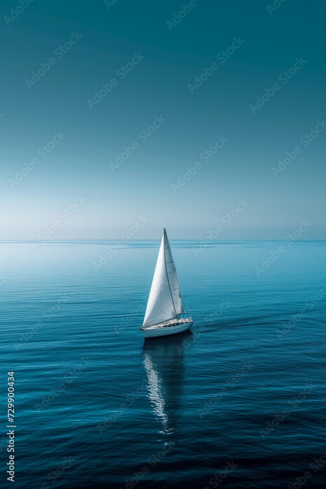A serene, minimalist seascape with a solitary sailboat on calm, azure waters