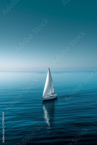 A serene, minimalist seascape with a solitary sailboat on calm, azure waters