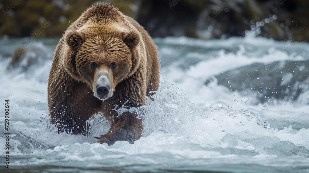 A magnificent grizzly bear catching salmon in a rushing Alaskan river, its powerful presence undeniable. A magnificent grizzly bear catching salmon in a rushing Alaskan river, its powerful presence undeniable.