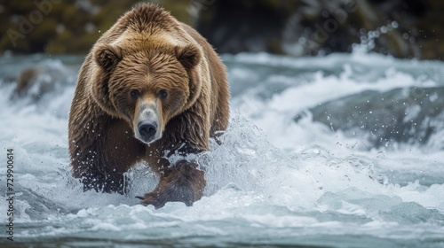 A magnificent grizzly bear catching salmon in a rushing Alaskan river, its po...