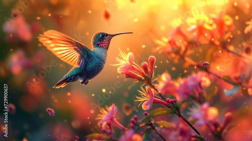 Hummingbirds hovering delicately around a burst of blooming flowers, their iridescent feathers catching the golden sunlight in a mesmerizing display of iridescence. © AI ARTS