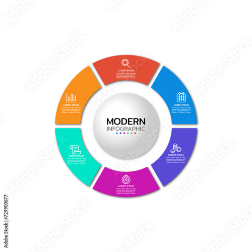 Circular scheme with 6 round paper white elements. Concept of cyclic business process with icons and 4 stages. Minimal infographic design template.
