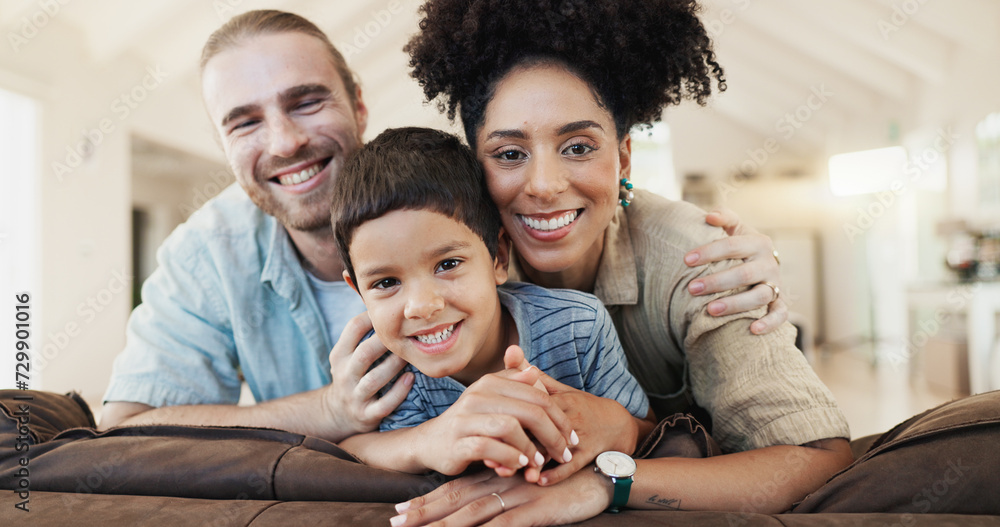 Face, happy and family in home living room, bonding and having fun together. Smile, children and portrait of parents in lounge with father and African mother enjoying quality time on sofa in house. Face, happy and family in home living room, bonding and having fun together. Smile, children and portrait of parents in lounge with father and African mother enjoying quality time on sofa in house.