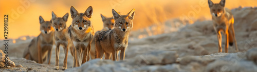 Jackal family standing in front of the camera in the rocky plains with setting sun. Group of wild animals in nature. Horizontal, banner.