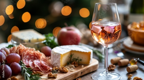 A picture of a wine glass and cheese on a romantic table, endorsing restaurants.