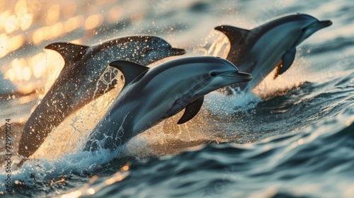 A playful family of dolphins leaping joyfully through the glistening waves of the ocean.