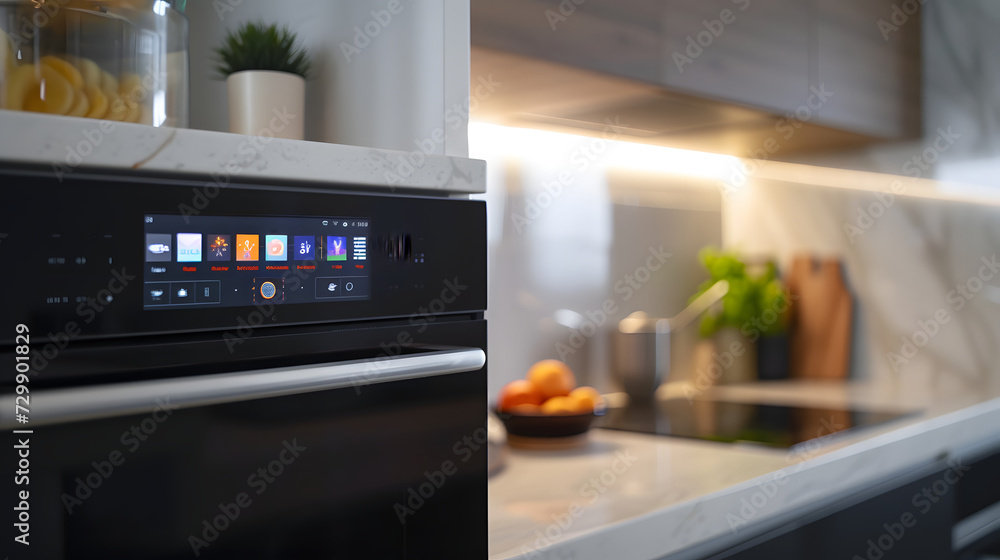 Smart oven in a modern kitchen Showcasing the oven's touchscreen interface Smart oven in a modern kitchen Showcasing the oven's touchscreen interface