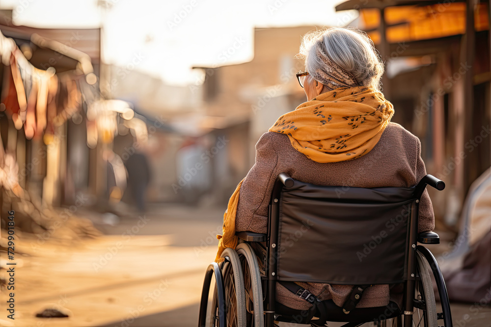 Obraz premium Elderly woman in wheelchair is captured from behind, contemplating tranquil street, basked in warm glow of setting sun