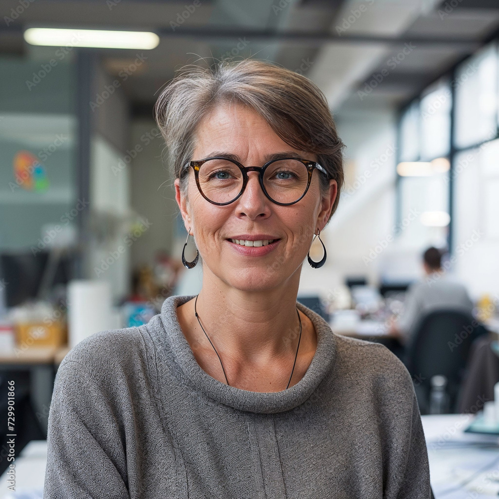 a woman wearing glasses is smiling in an office, in the style of gray, understated elegance a woman wearing glasses is smiling in an office, in the style of gray, understated elegance