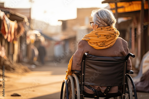 Elderly woman in wheelchair is captured from behind, contemplating tranquil street, basked in warm glow of setting sun