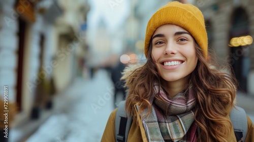 A stylish girl on the street, her relaxed outfit complementing her cheerful e...