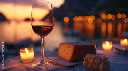 A picture of a wine glass and cheese on a romantic table, endorsing restaurants.