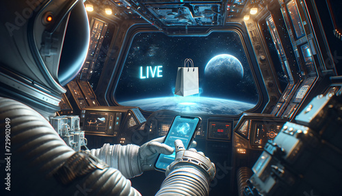 Space Shopping: Astronaut Using Phone with 'Live' Hologram