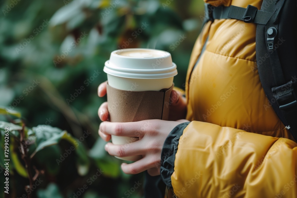 client holding coffee, talking about trips