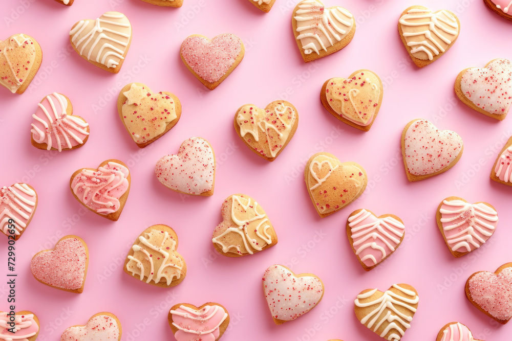 Valentine day homemade glazed heart shaped cookies on pink background. Top view. Festive abstract pattern. Valentine day homemade glazed heart shaped cookies on pink background. Top view. Festive abstract pattern.